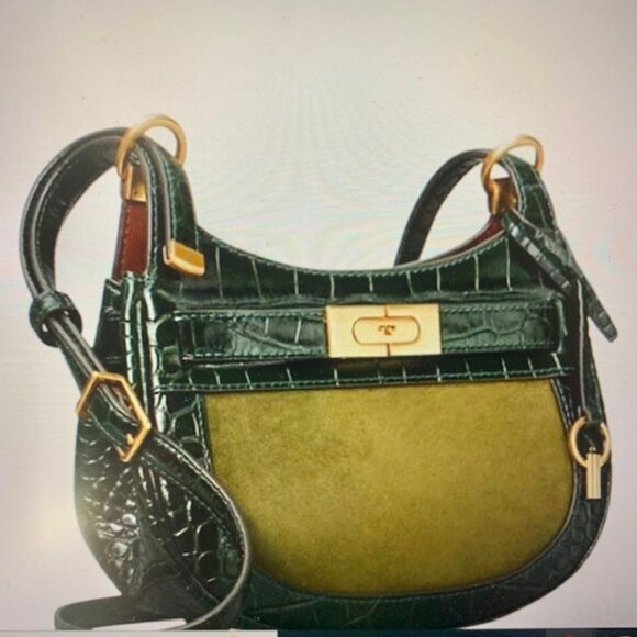 GIFT NEW TORY BURCH LEE RADZIWILL KELP GREEN CROSSBODY CROC LEATHER SUEDE $658 - Picture 4 of 16